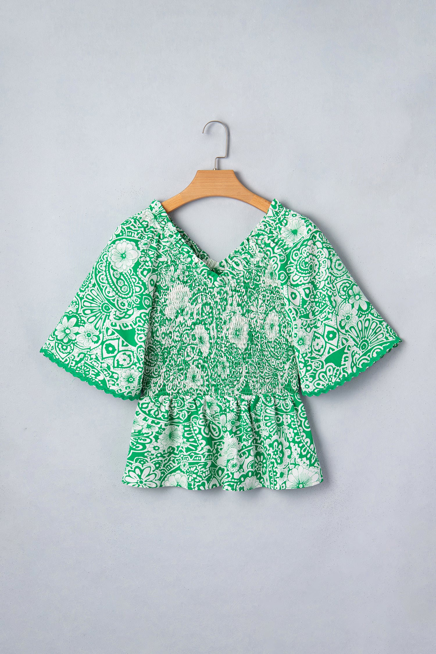 Floral Smocked Ruffle V-Neck Blouse – Green