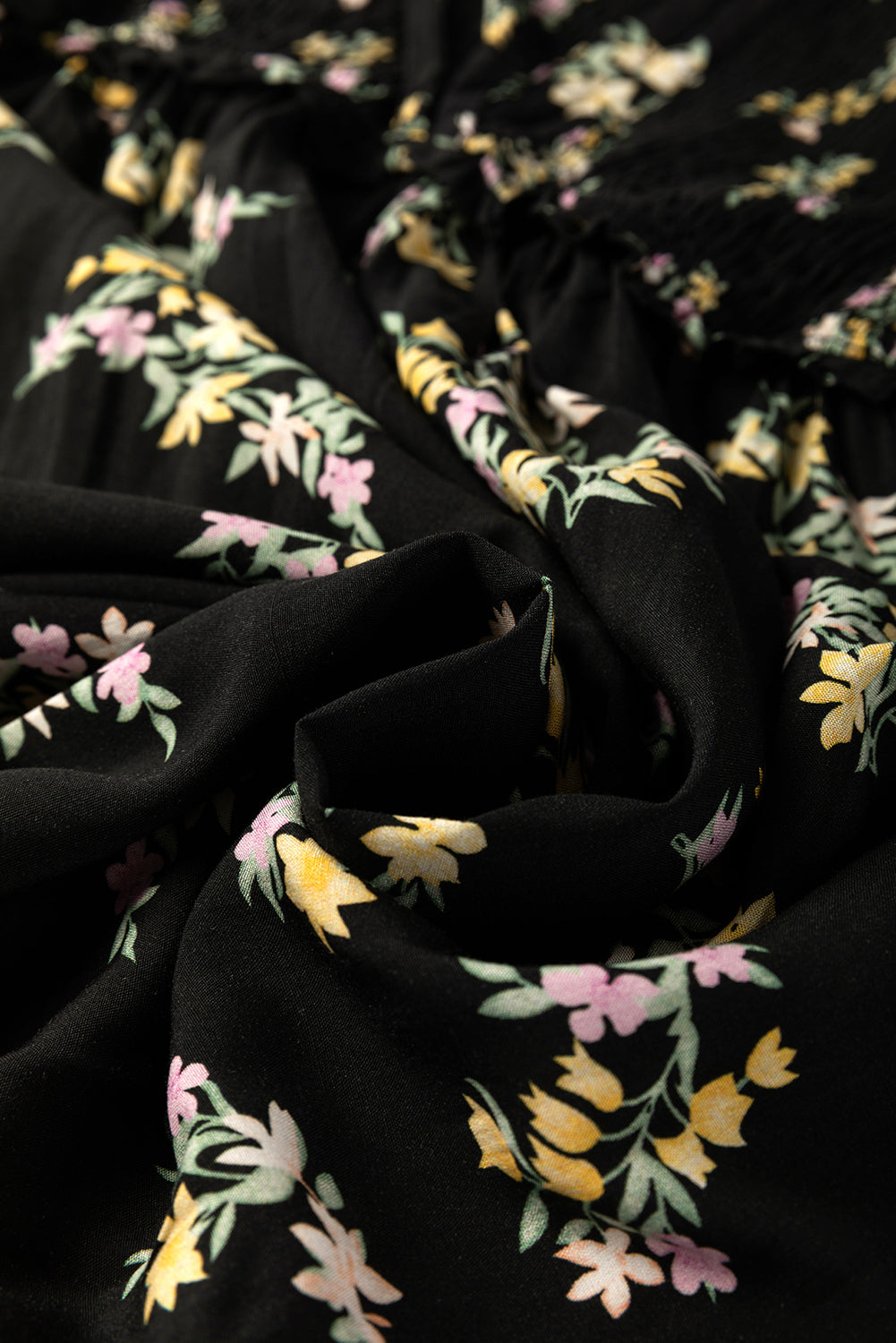 Black Floral Spaghetti Strap Shirred Bodice Tied Empire Waist Maxi Dress eAura