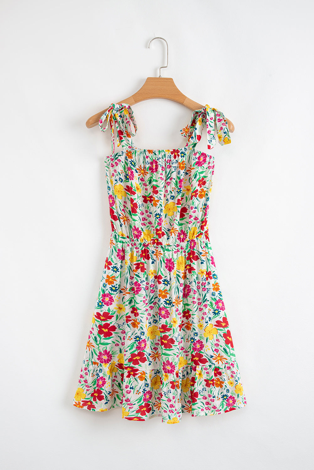 Floral Knotted Straps Cinched Waist Ruffle Hem Mini Dress eAura