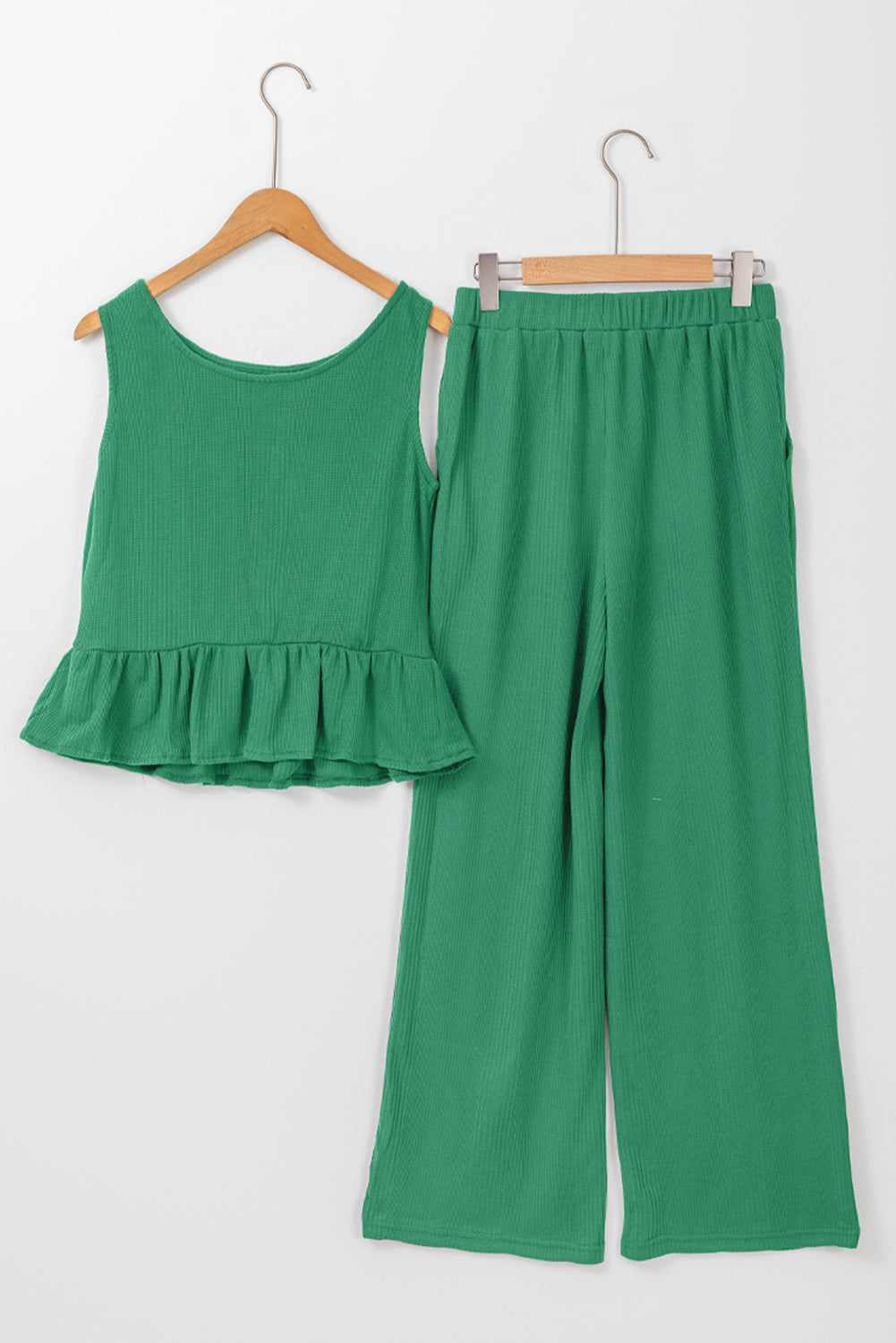 Green Solid Colour Ribbed Ruffle Tank Top and Trousers Set eAura
