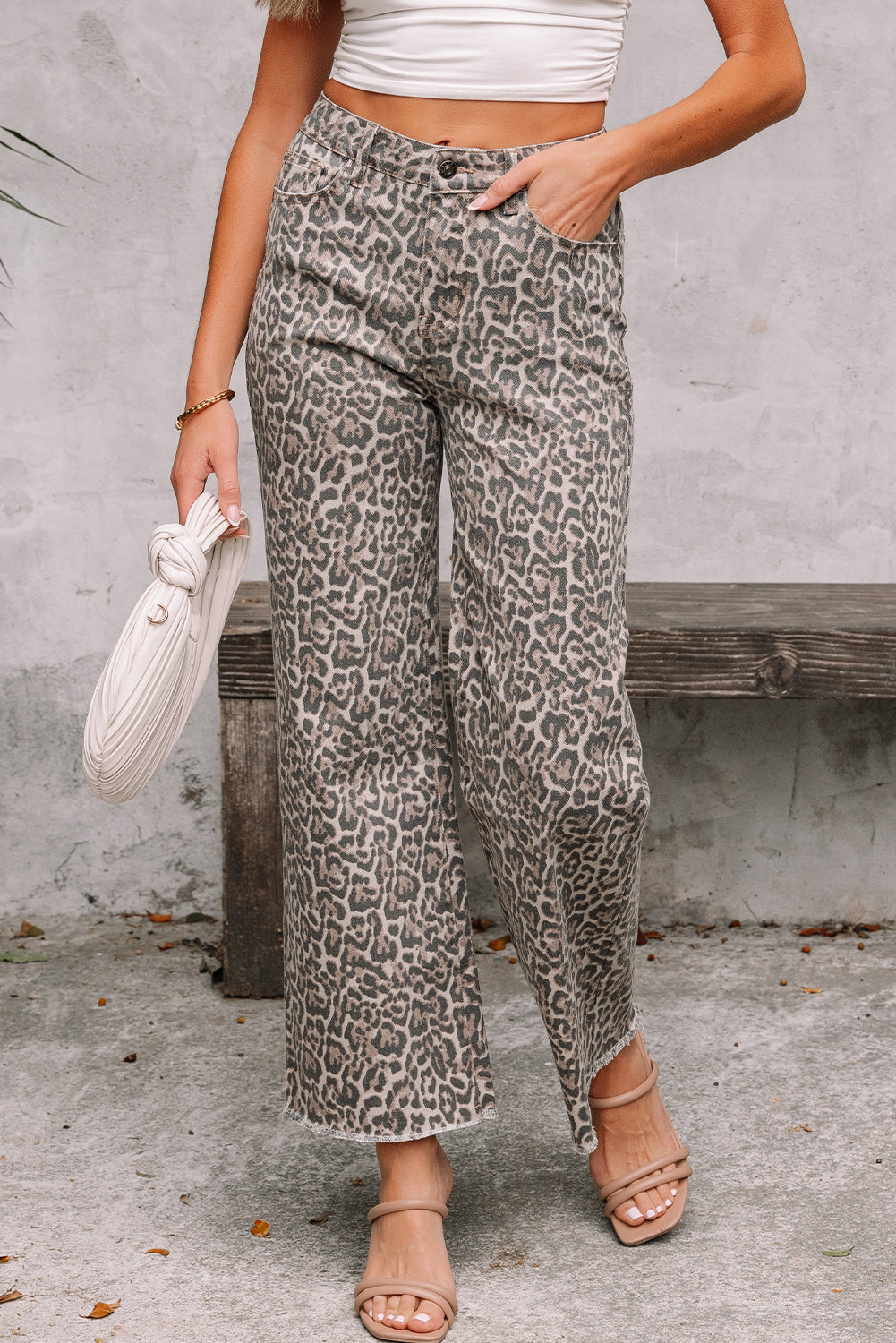 Leopard Frayed Edge Wide Leg High Waist Jeans - eAura
