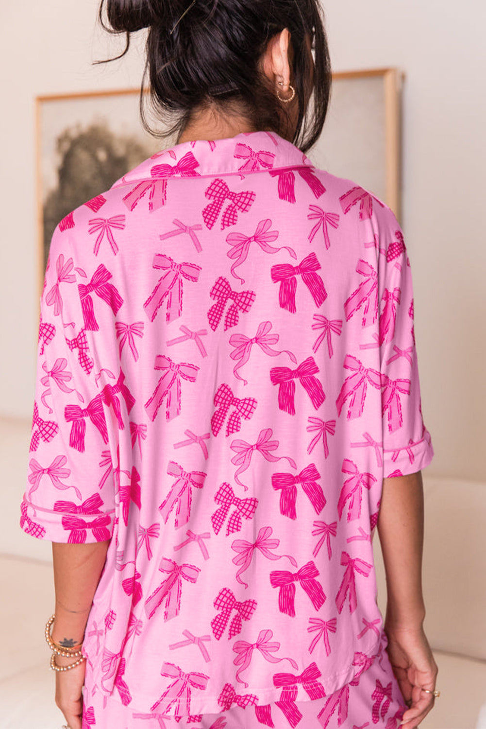 Pink Bow Print Half Sleeve Shirt and Shorts Pyjamas Set eAura