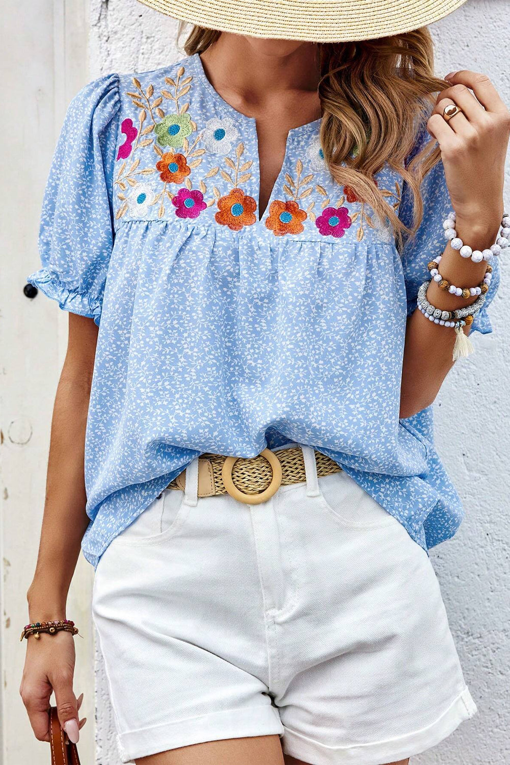Sky Blue Floral Embroidered Puff Sleeve Notched V Neck Blouse eAura