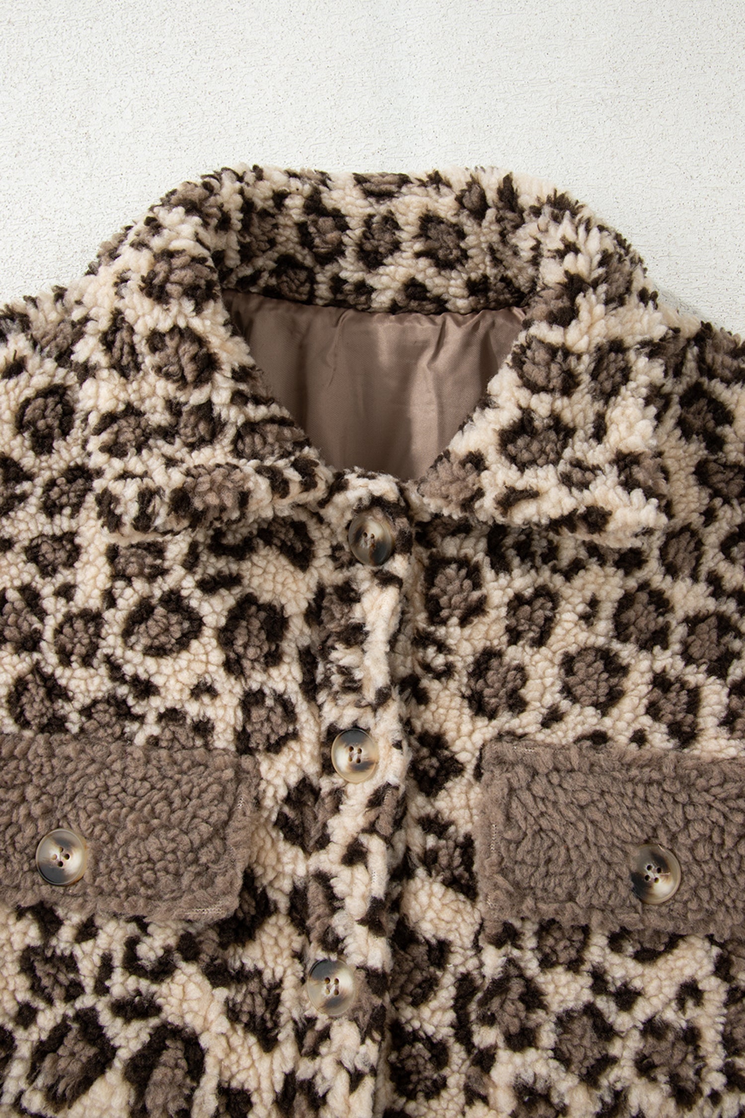 Brown Sherpa Leopard Print Flap Pocket Collared Button Up Jacket - eAura