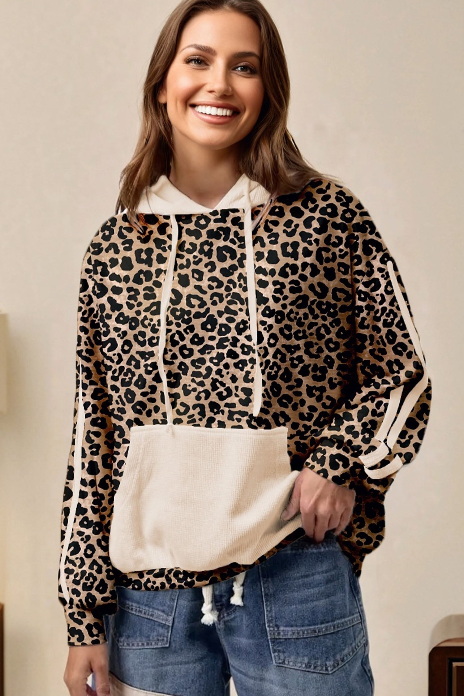 Leopard Print Waffle Contrast Kangaroo Pocket Hooded Sweatshirt - eAura