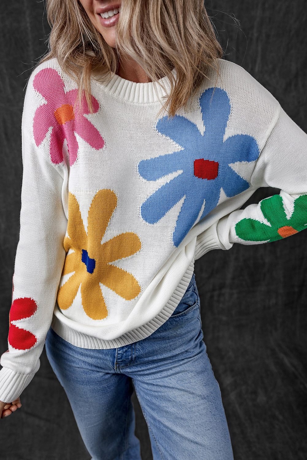 White Colourful Big Flower Pattern Crewneck Sweater eAura