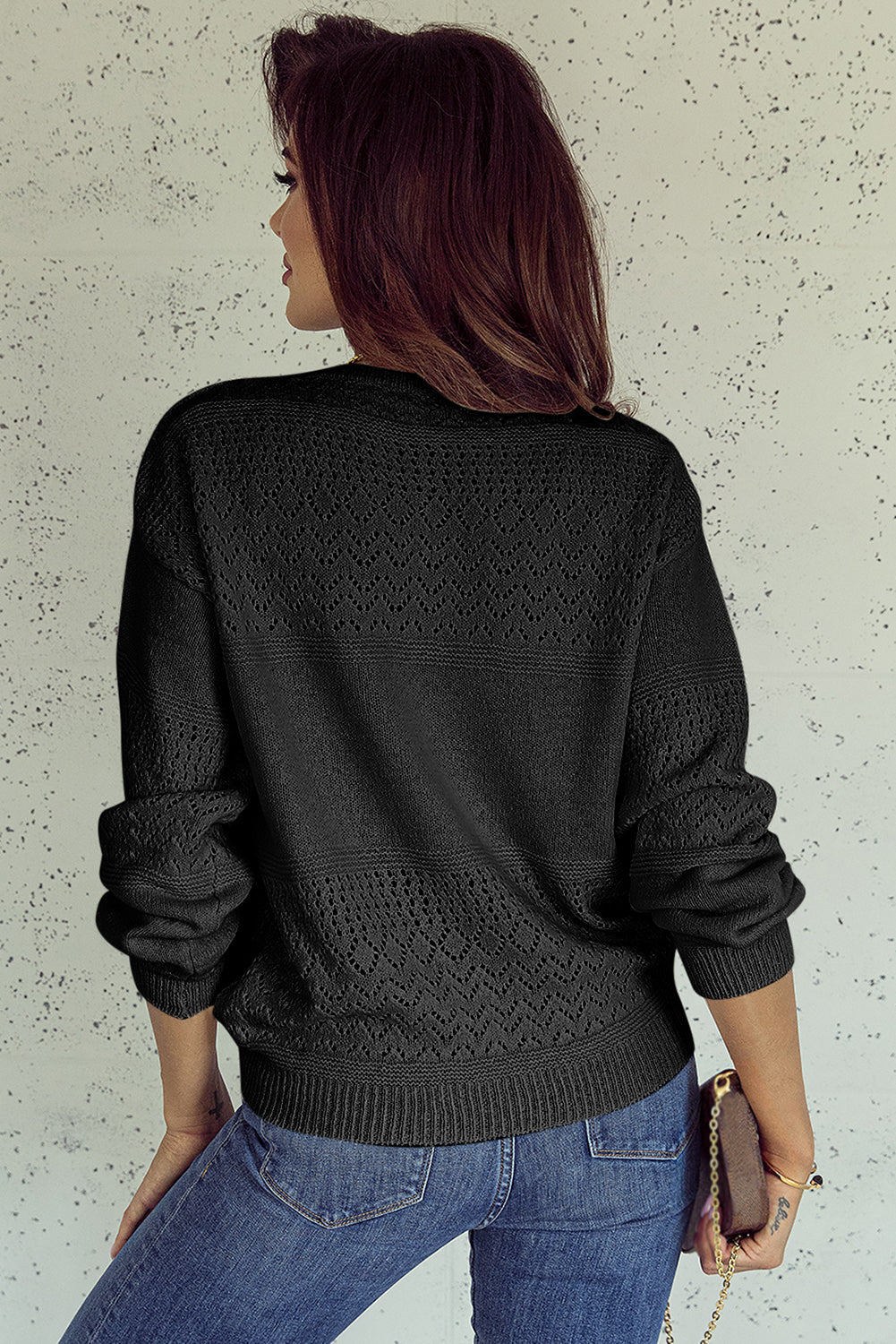 Black Eyelet Pattern Detail V Neck Drop Shoulder Sweater eAura