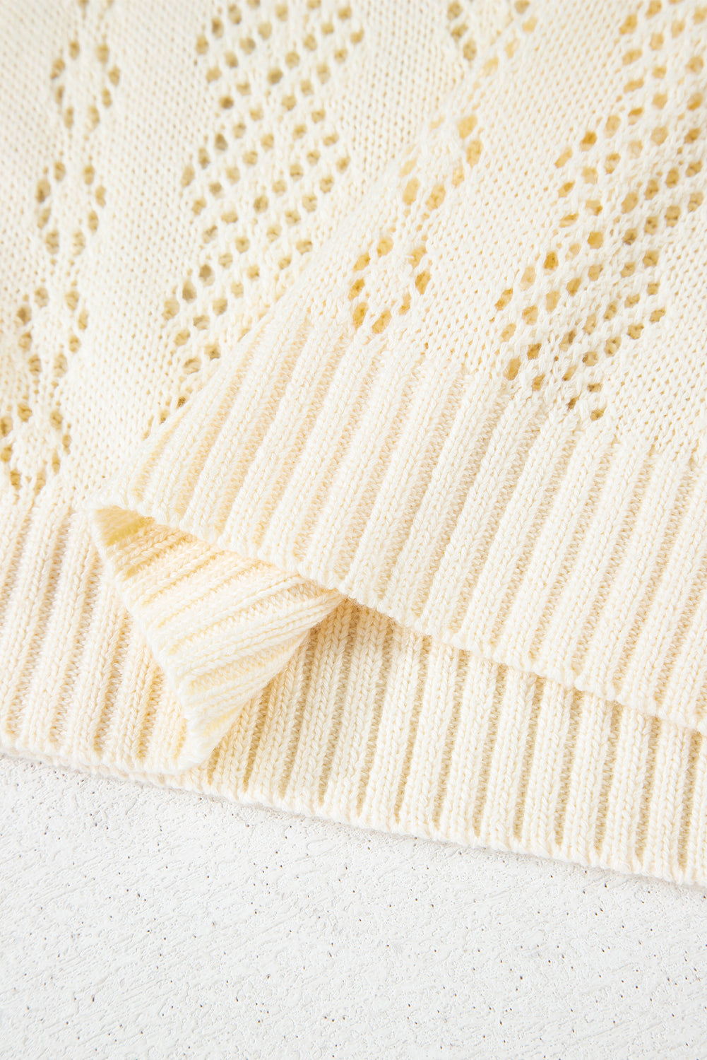 Beige Hollowed Pattern Knit Short Puff Sleeve Sweater eAura