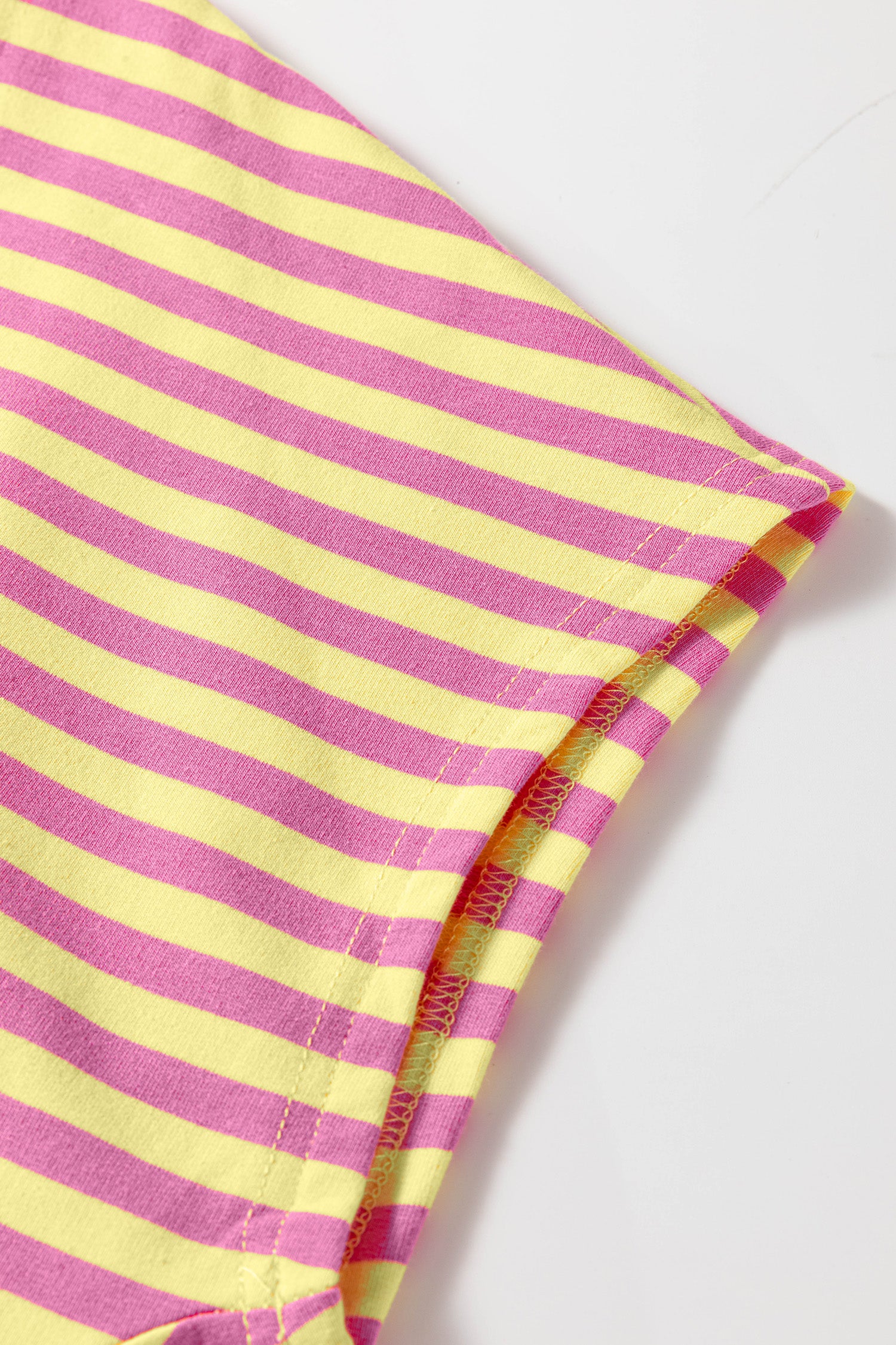 Colorblock Trim V Neck Tee Drawstring Elastic Waist Short Set – Yellow Stripe