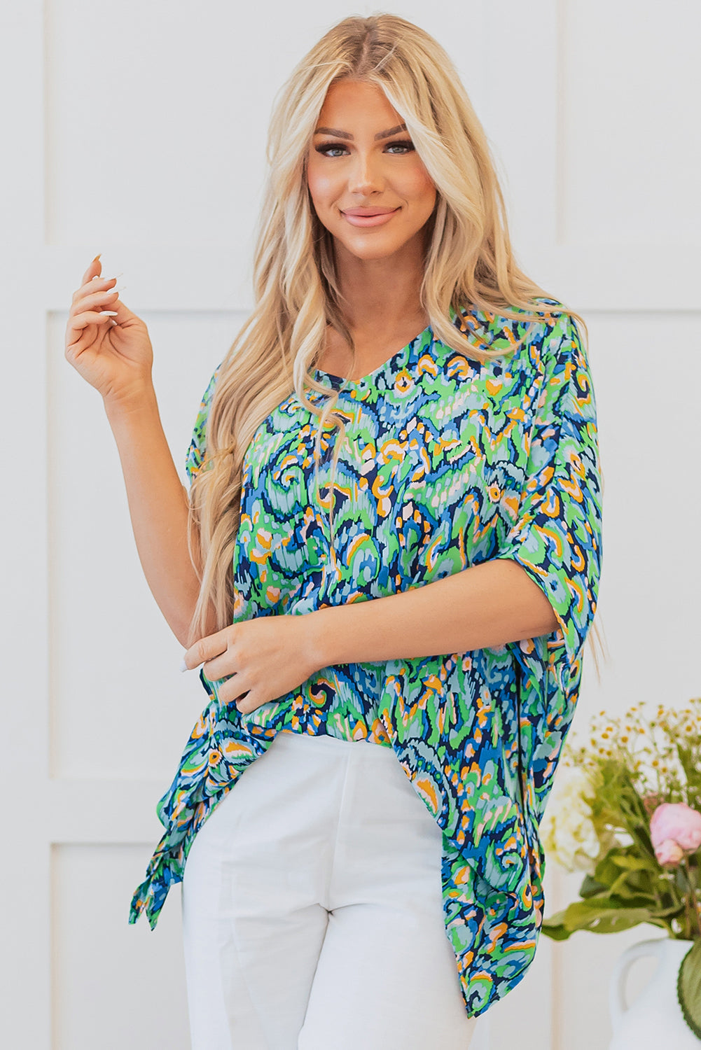 Green Abstract Print V Neck Half Sleeve Loose Fit Tunic Blouse eAura