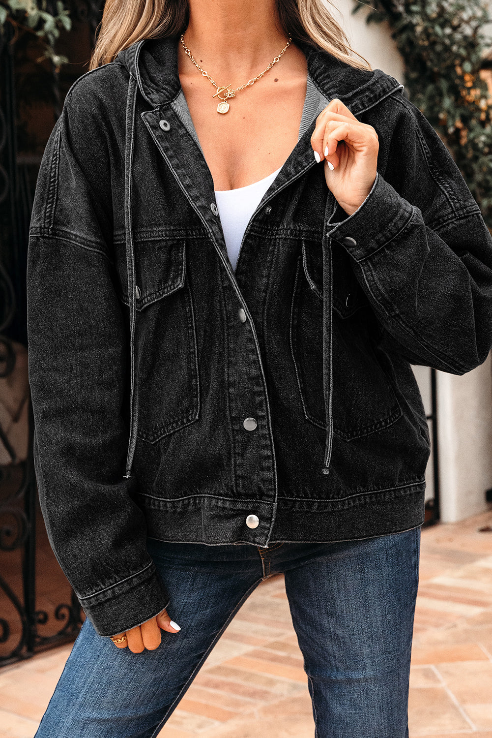 Black Big Chest Pocket Drop Shoulder Hooded Denim Jacket eAura