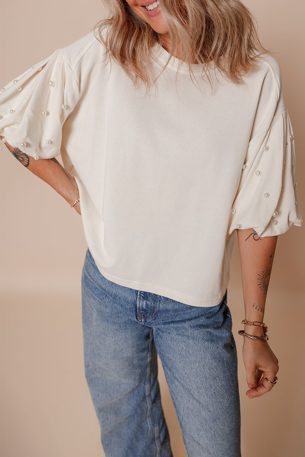 White Pearled Puff Sleeve Round Neck Loose Top eAura