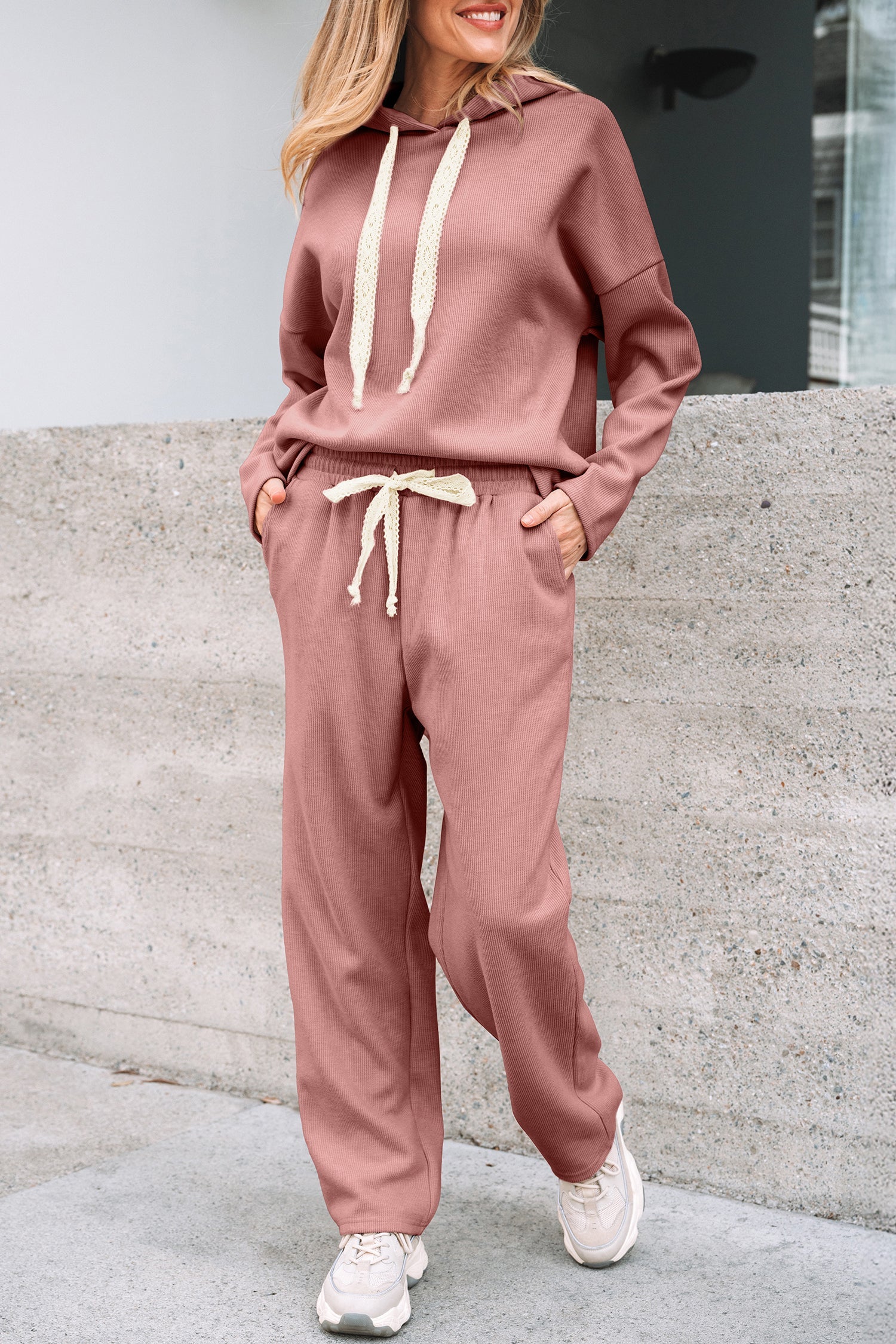 Pullover Hoodie and High Waist Bottoms Soft Cord Co-ord Set - eAura
