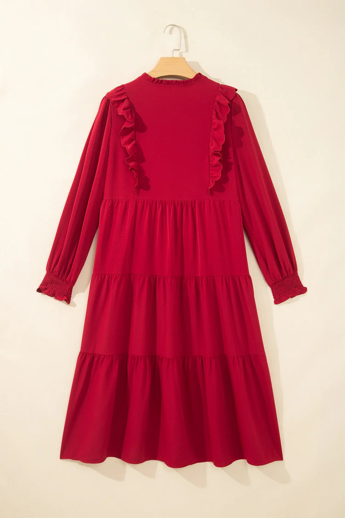 Solid Colour Ruffle Trim Long Sleeve Tiered Shift Midi Dress – Racing Red
