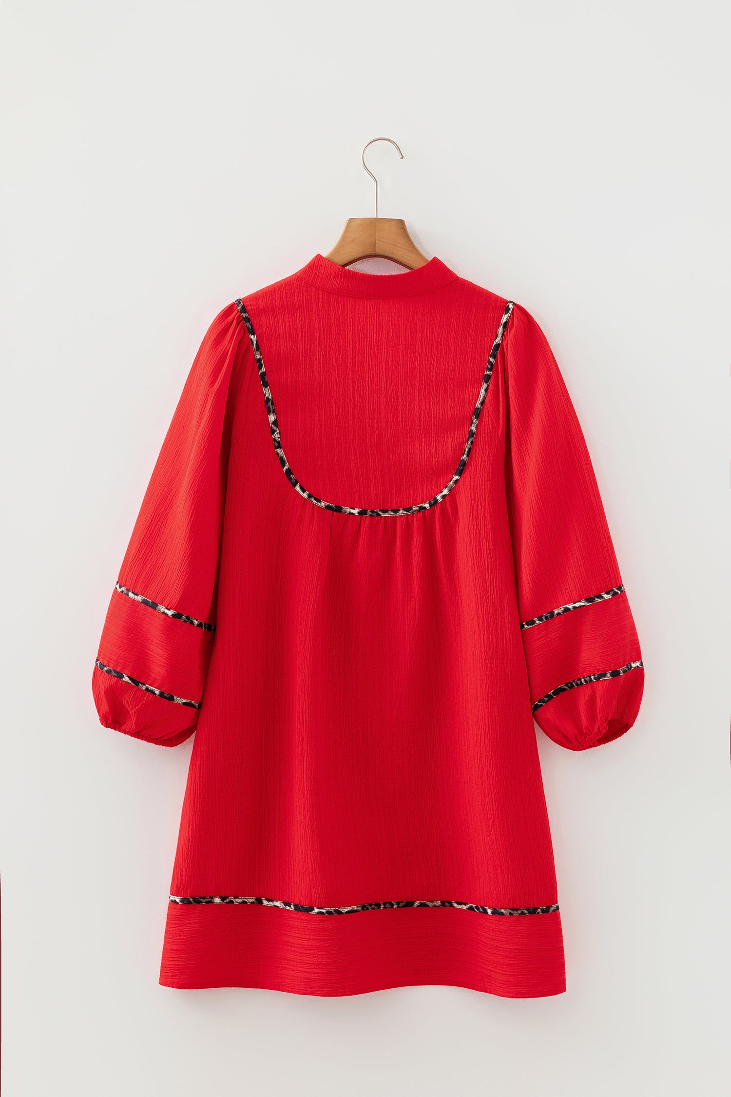 Red Textured V-Neck Leopard Contrasted Trim Long Sleeve Shift Mini Dress