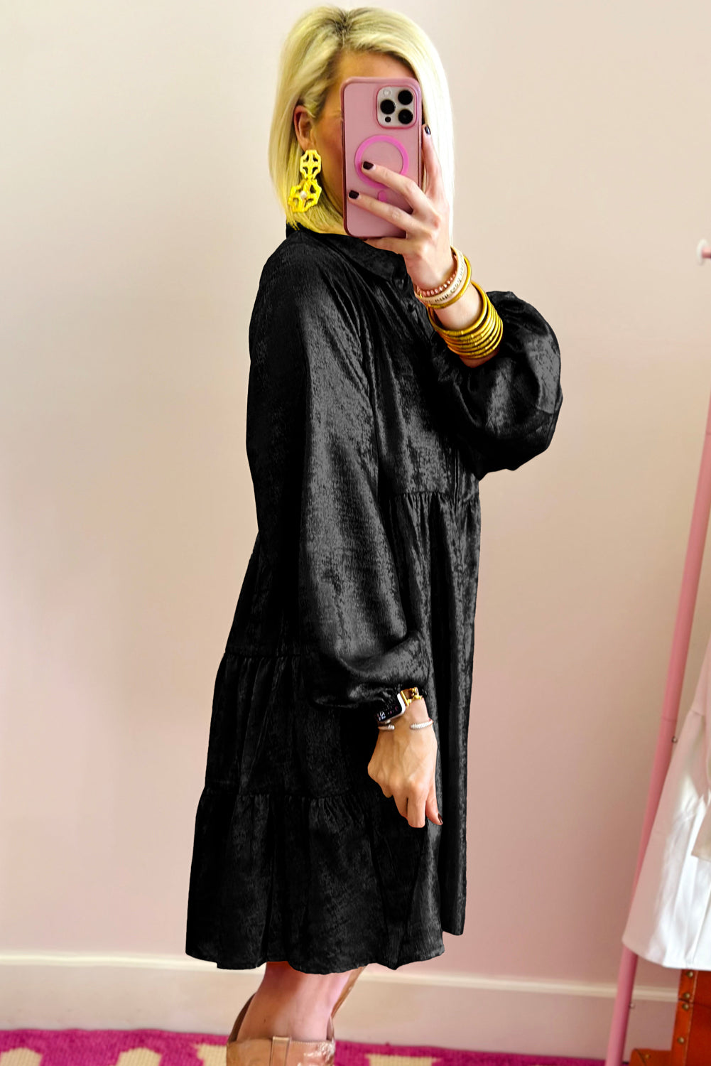Peach Blossom Metallic Sheen Puff Sleeve Button Up Mini Shirt Dress eAura