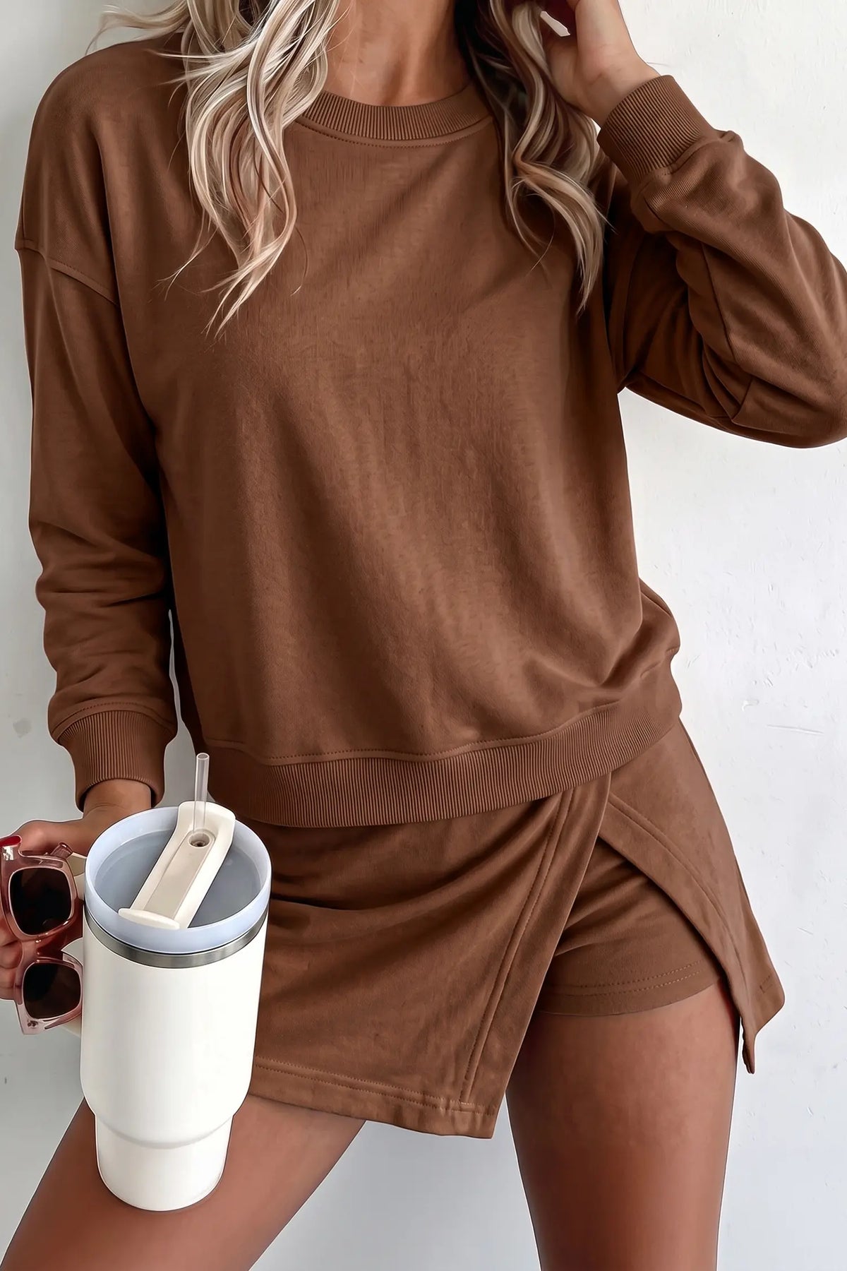 Solid Colour Long Sleeve Top Split Skort 2pcs Outfit – Dirty Blue