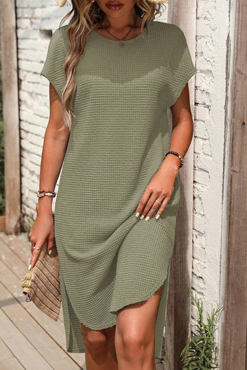 Jungle Green Waffle Texture Curved Hem Side Slit T-shirt Dress eAura