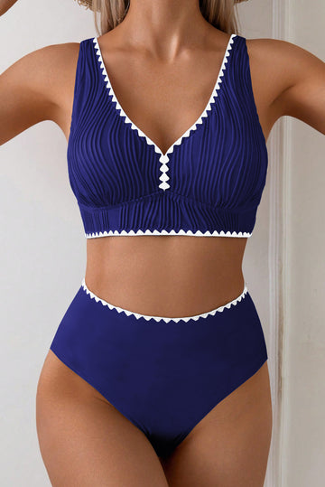 Shell Stitched Trim V-Neck Textured High Waist Bikini