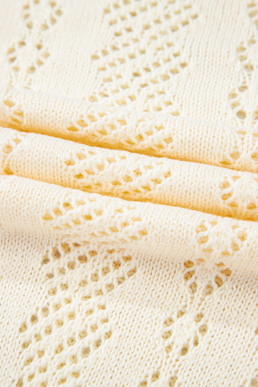 Beige Hollowed Pattern Knit Short Puff Sleeve Sweater eAura