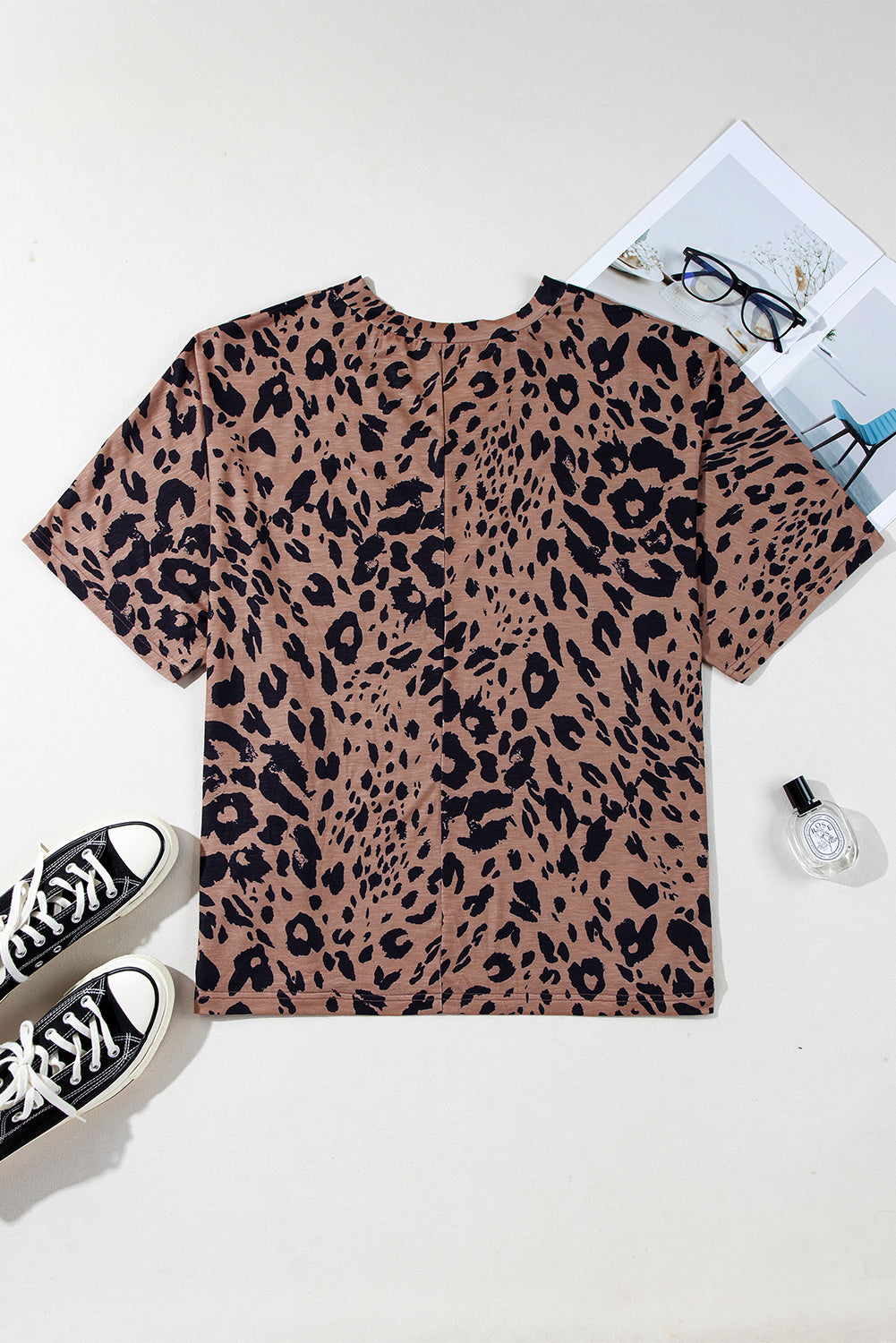 Brown Leopard Print V Neck Half Sleeve Oversized Tee eAura