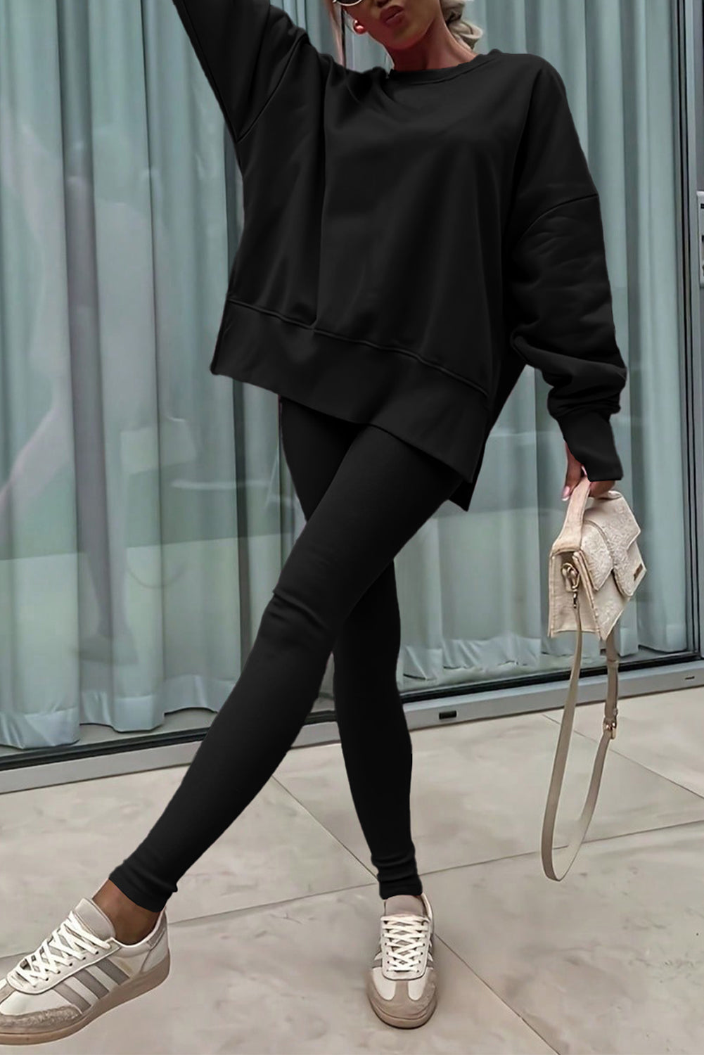 Oversize Slit Sweatshirt and Ribbed Leggings Co-ord Set