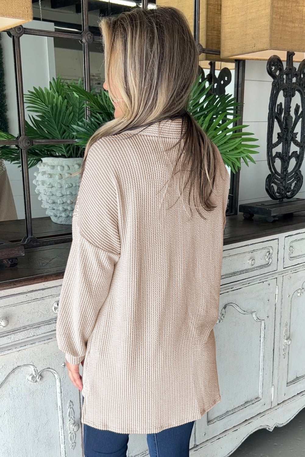 Parchment Sequin Patch Chest Pocket Corduroy Shacket eAura