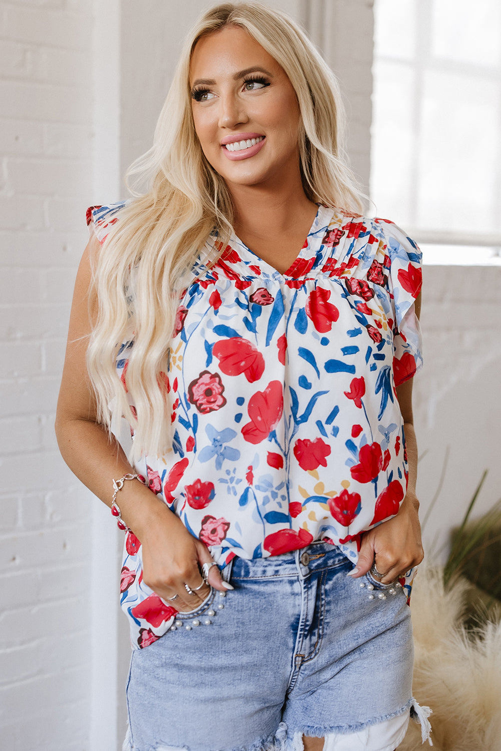 Red Flowers Pintuck Detail V-Neck Ruffled Sleeve Top eAura