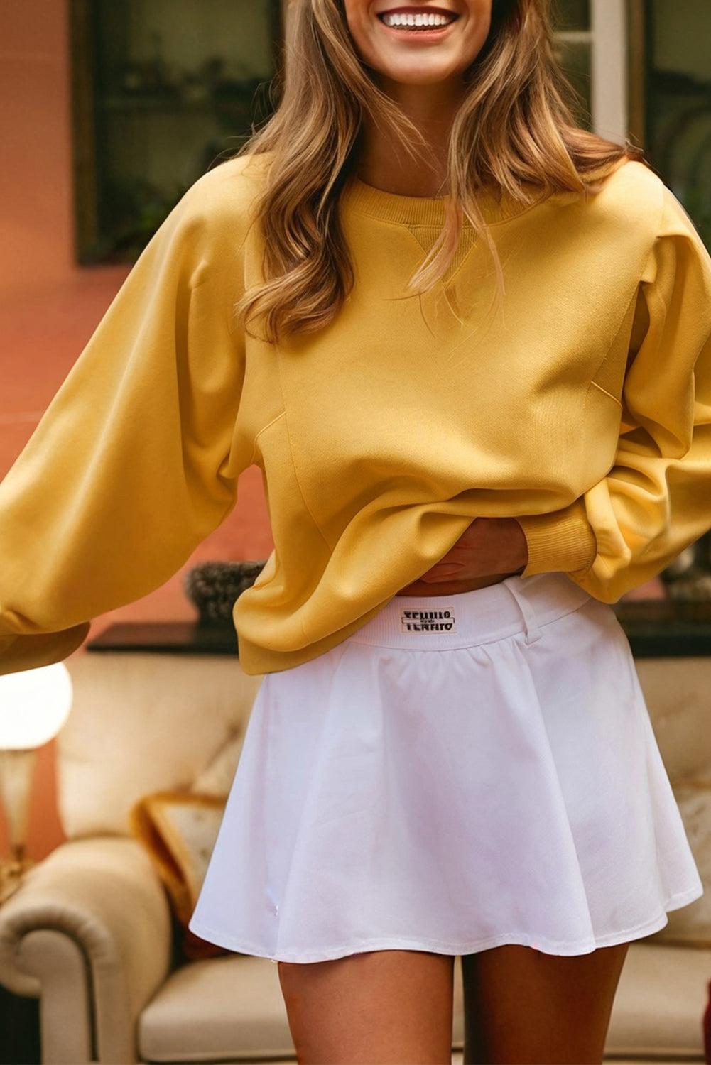 Pleated Balloon Sleeve Pullover Solid Sweatshirt - Yellow / S - Tops/Sweatshirts & Hoodies