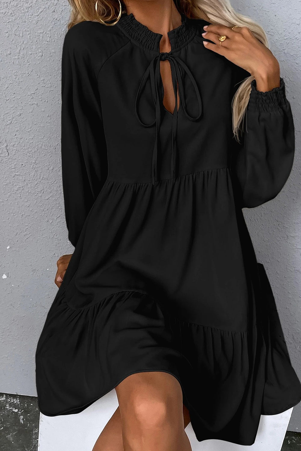 Black Tie Neck Smock Dress Long Sleeve Ruffle Hem eAura