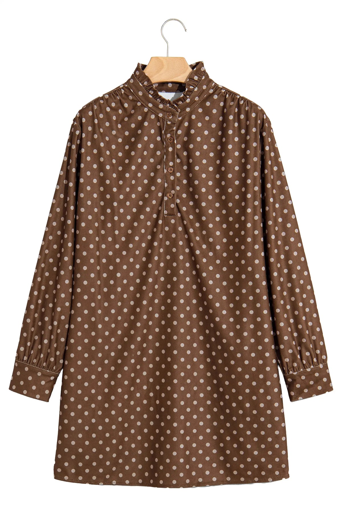 Polka Dot V Neck Long Sleeve Button Shift Dress – Brown