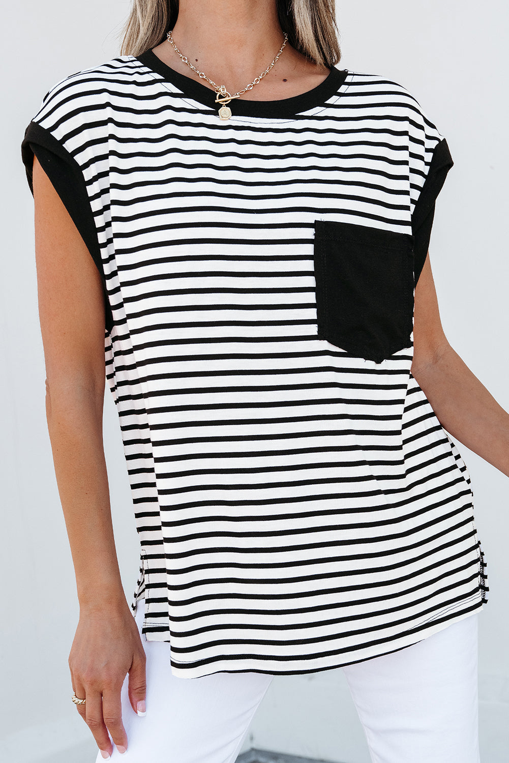 Black Stripe Chest Pocket Patch Round Neck Tank Top - eAura