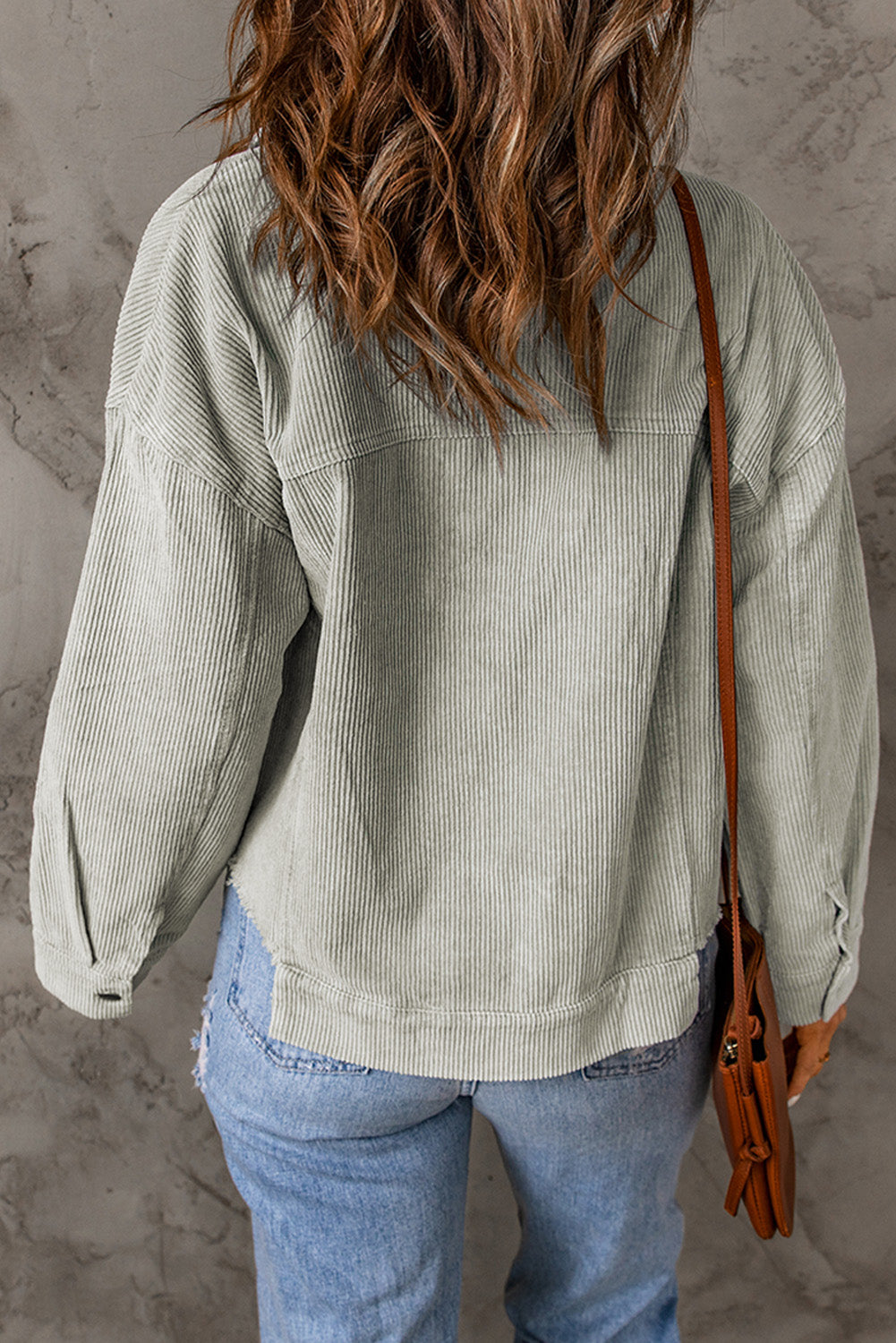 Sky Blue Raw Hem Flap Pockets Cropped Corduroy Jacket BB Fashion Outlet