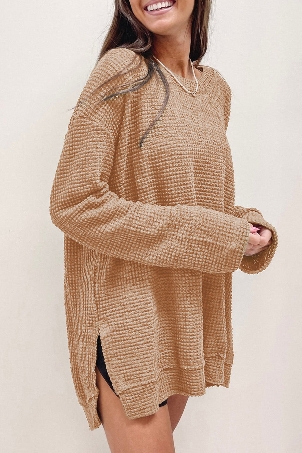Khaki Waffle Knit High Slits Oversized Top - eAura