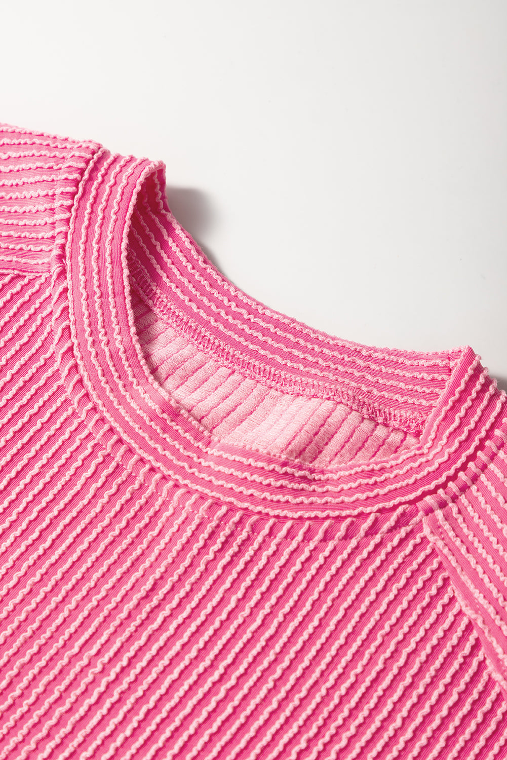 Bright Pink Solid Ribbed Knit Short Sleeve T Shirt and Wide Leg Trousers Set eAura
