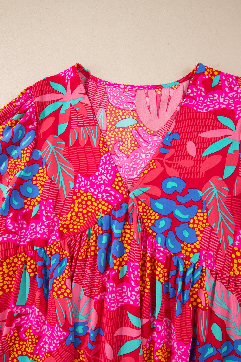 Rose Tropical Printed Lantern Sleeve V Neck Ruffled Plus Size Mini Dress Beagle Boutique Fashion Outlet