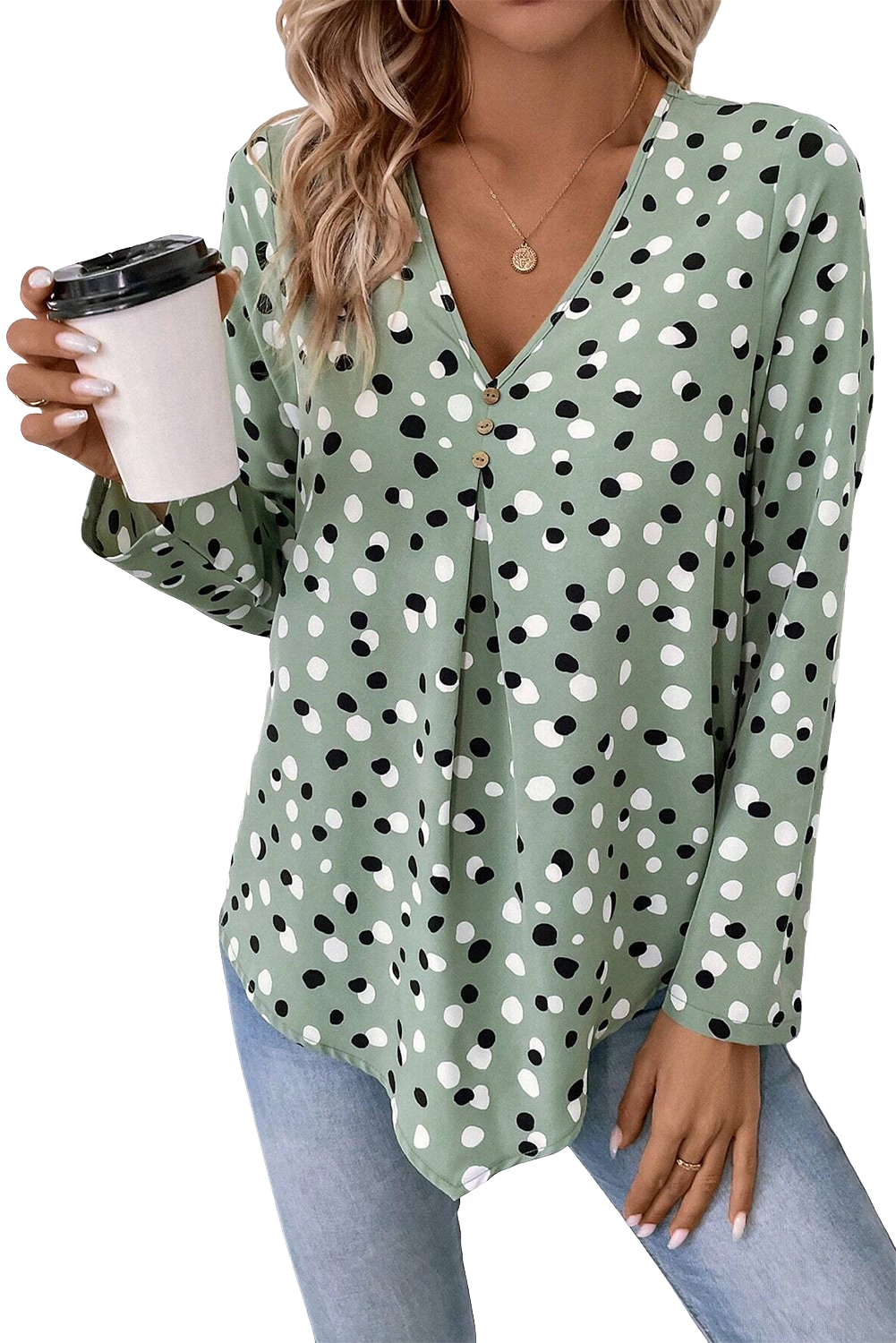 Green Dotted Print Button Front V-Neck Blouse