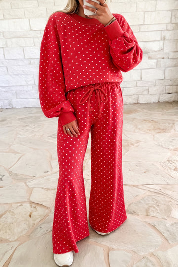 Polka Dot Drawstring Wide Leg Long Sleeve Top Pant Set – Red