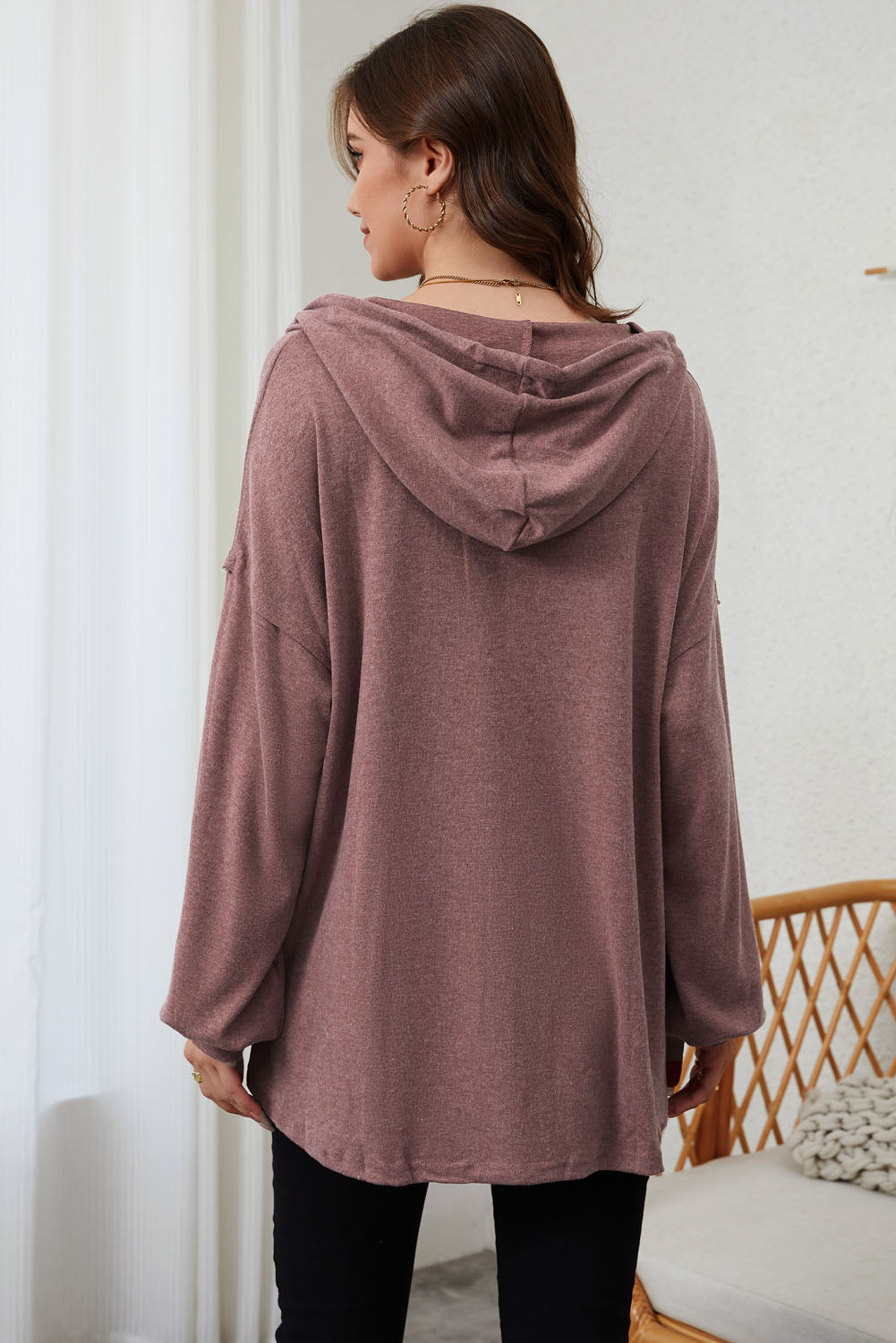Buttoned High and Low Hem Hoodie eAura