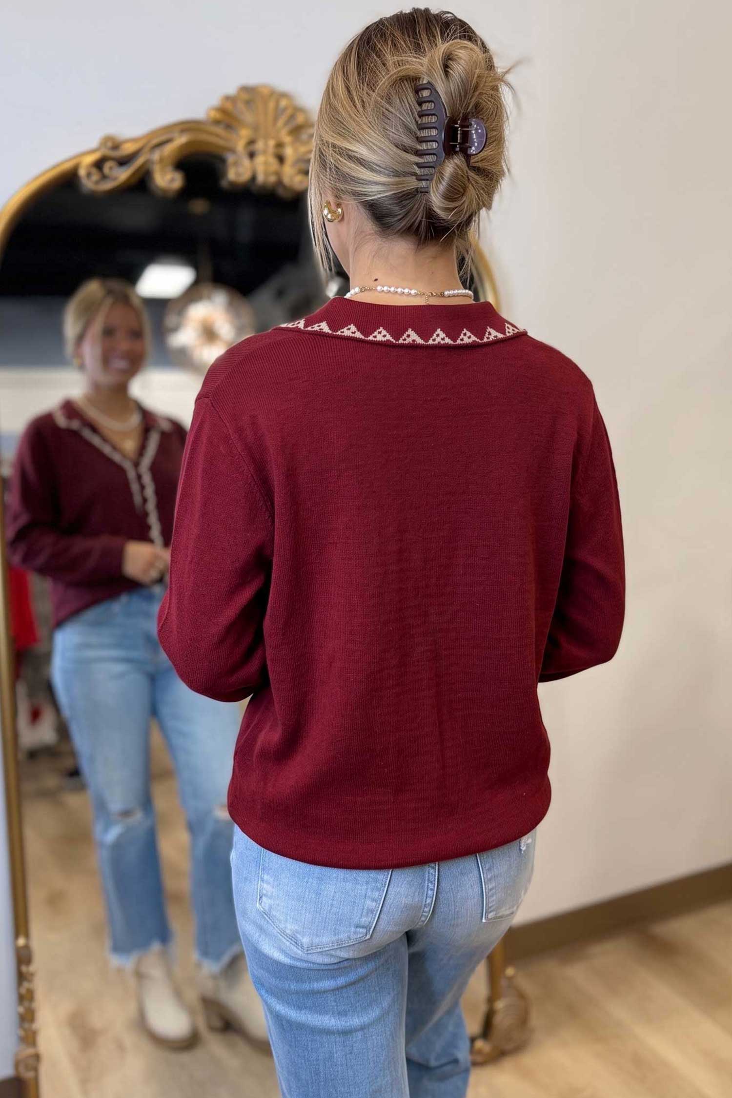 Bow Pocket Collar Long Sleeve Knit Cardigan – Burgundy
