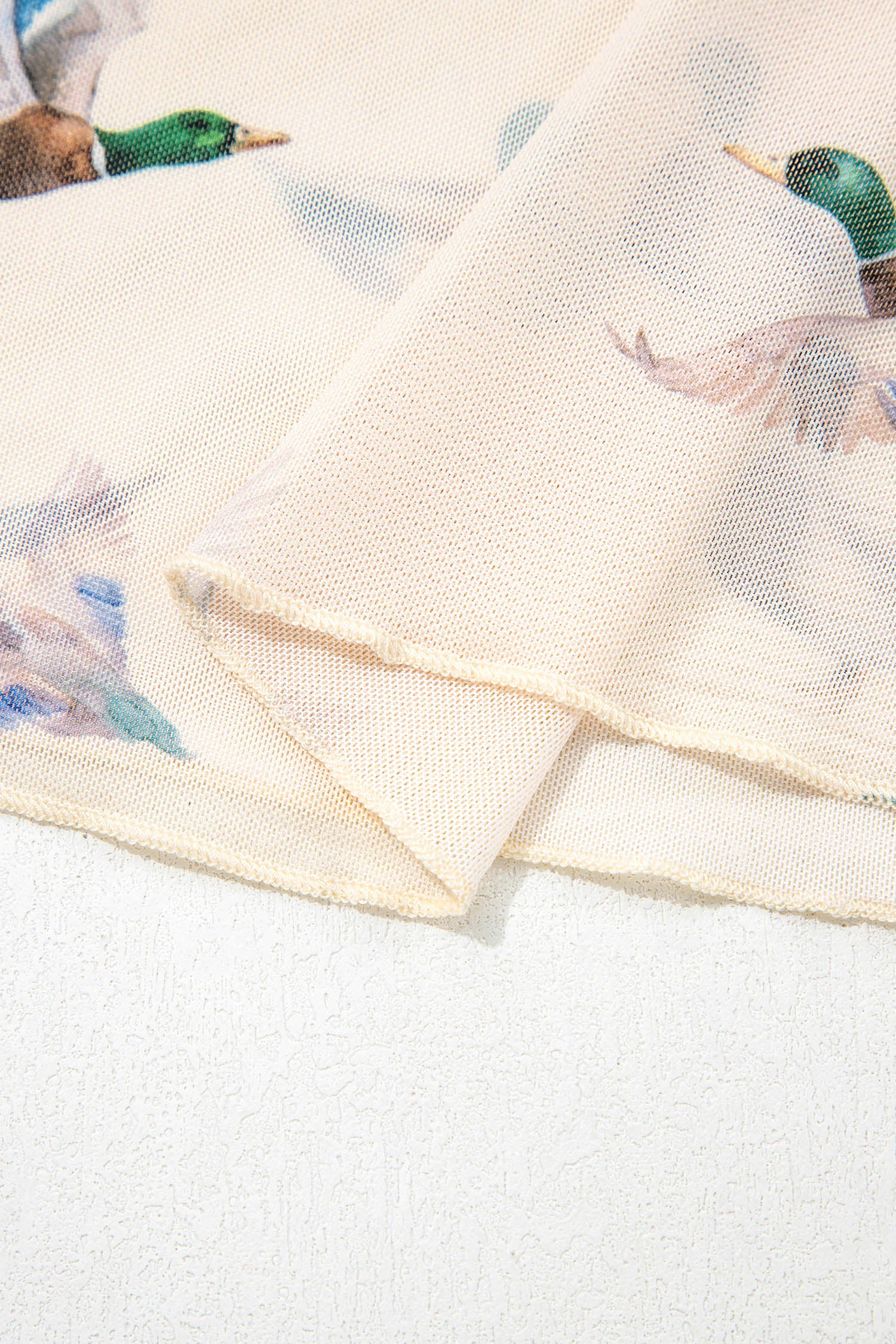 Beige Mallard Print Sheer Mesh Short Sleeve Top