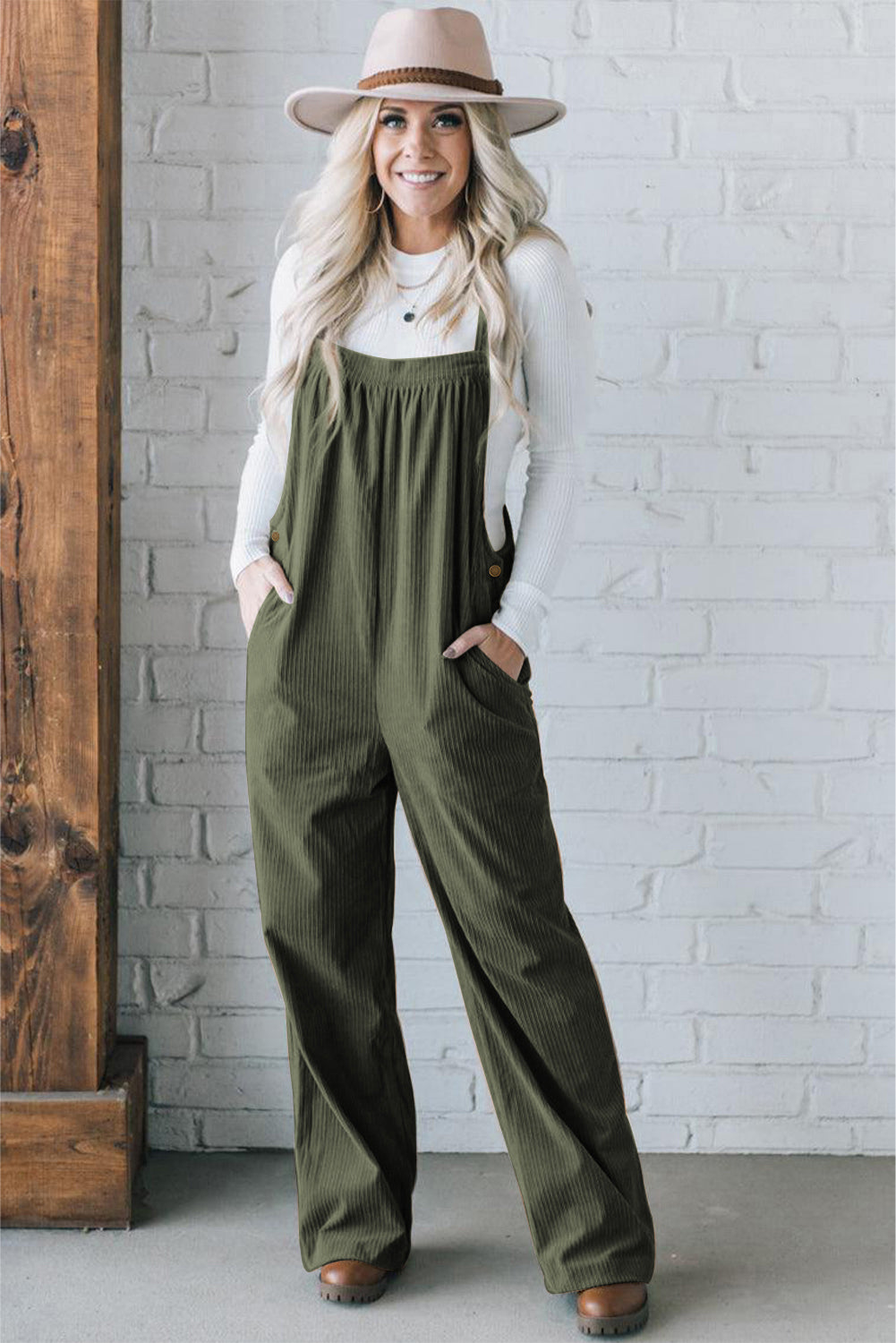 Button Adjustable Straps Solid Color Corduroy Jumpsuit – Jungle Green