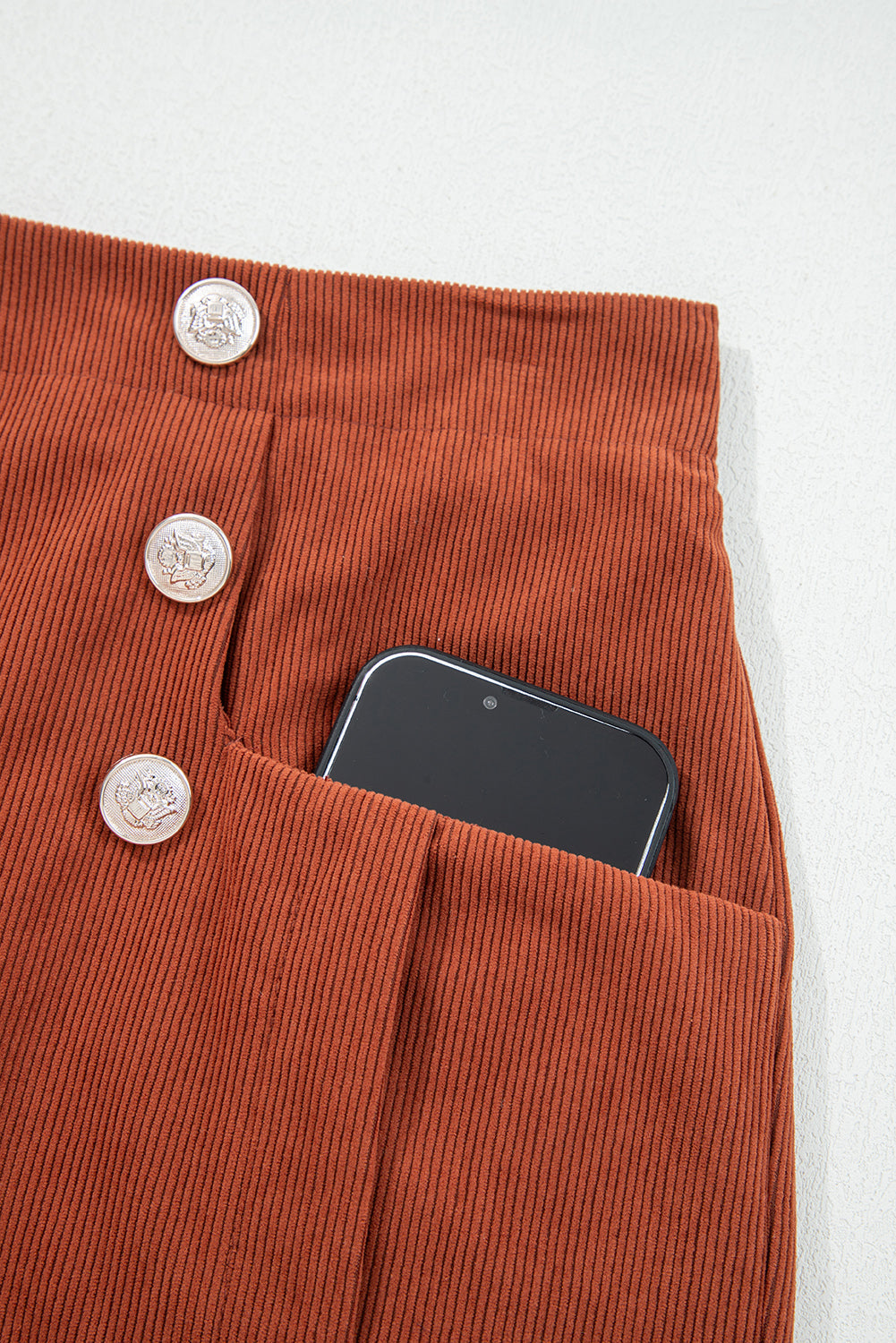 Button Decor Scalloped Edge High Waist Soft Corduroy Shorts - eAura