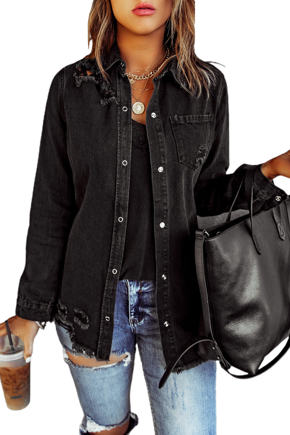 Black Ripped Denim Jacket Beagle Boutique Fashion Outlet