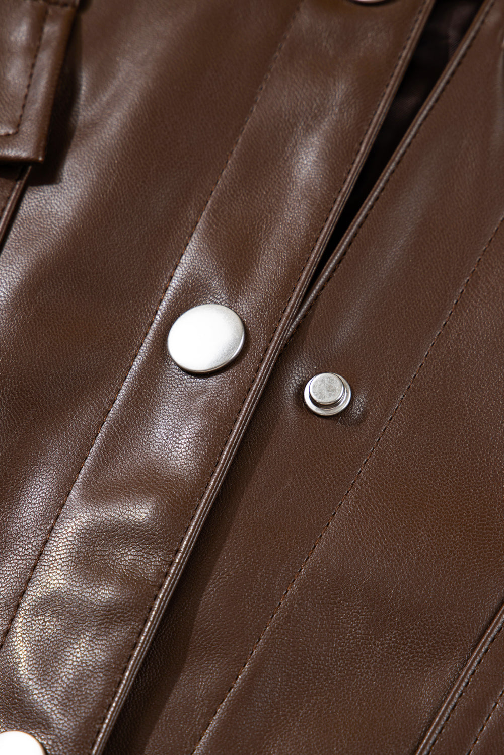 Brown Double Flap Pocket Drawstring Hem Leather Jacket eAura