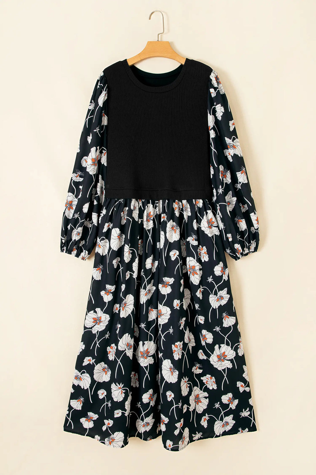 Floral Print Long Sleeve Round Neck Shift Plus Size Dress – Black