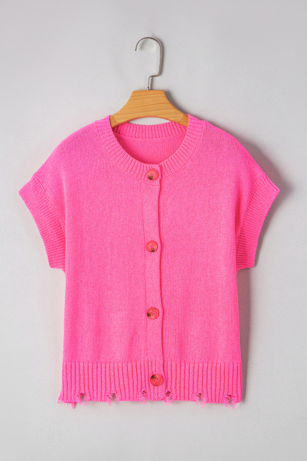 Bright Pink Distressed Hem Short Sleeve Knitted Button Front Sweater eAura