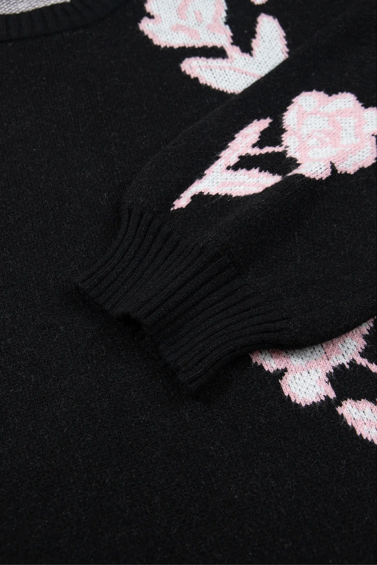 Floral Pattern Puff Sleeve Dropped Shoulder Pullover Sweater – Black