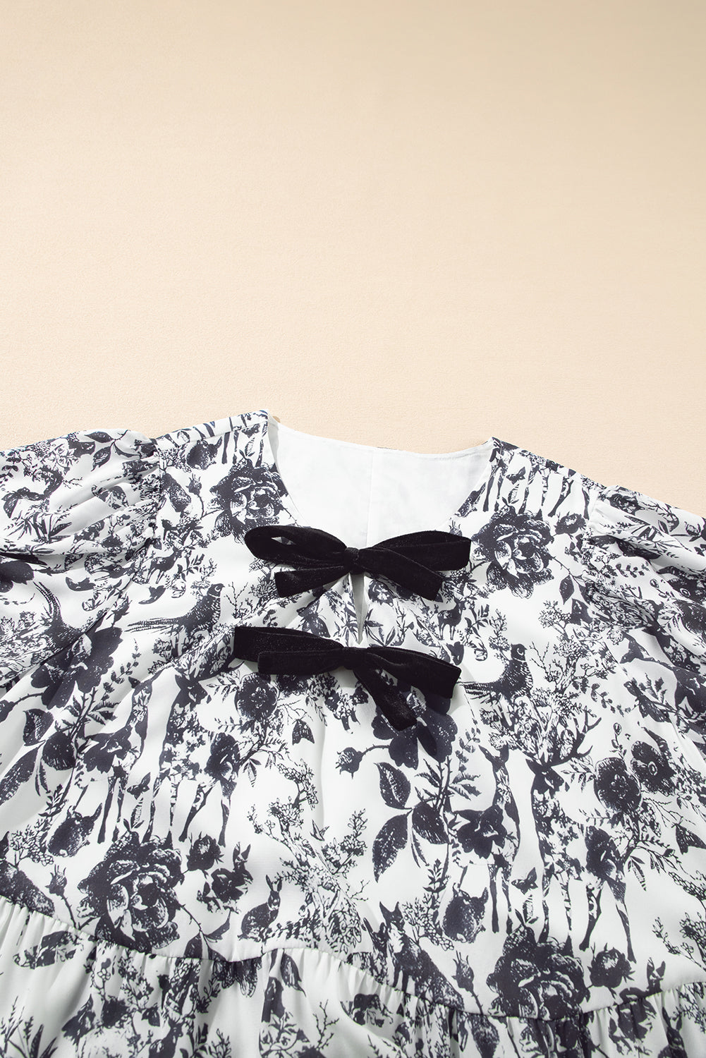 Black Floral Print Bow Detail Puff Sleeve Plus Size Midi Dress BB Fashion Outlet