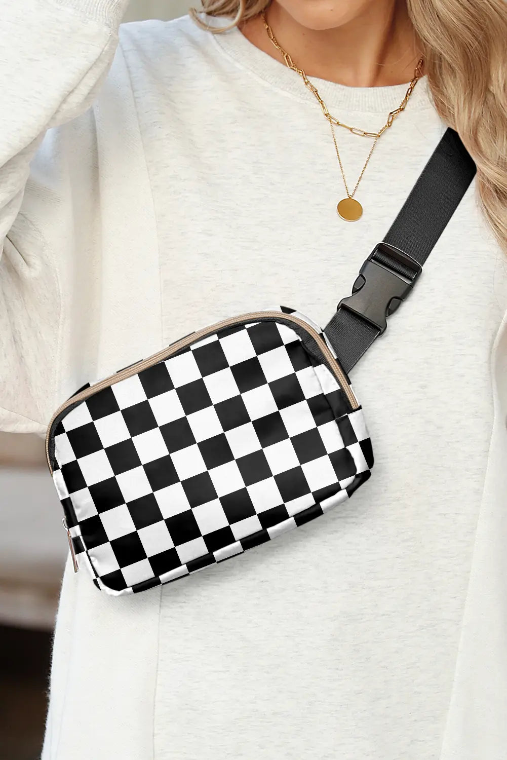 Checkered Print Buckle Wide Belt Crossbody Bag – White